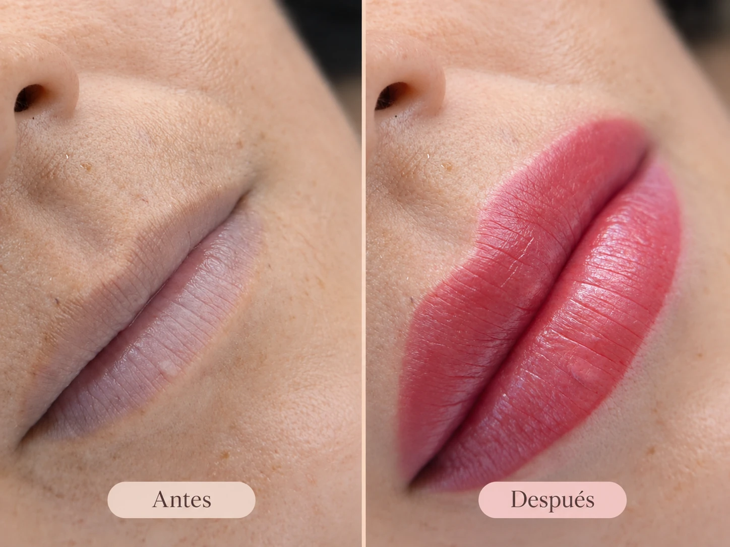 Antes y después de corrección de labios oscuros realizada por Patricia Oropeza